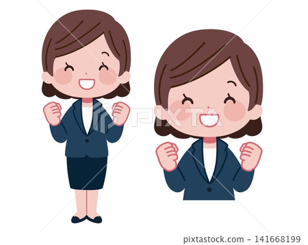 A set of illustrations of a businesswoman in a suit, smiling and making a victory pose with both hands. A set of illustrations of a businesswoman in a suit, smiling and making a victory pose with both hands. 141668199