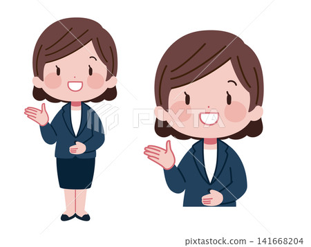 一組女性辦公室職員指示方向的插圖(全身像和上半身像)。 一組女性辦公室職員指示方向的插圖(全身像和上半身像)。 141668204