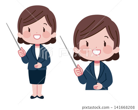 Illustration set of a female office worker (full body and upper body) explaining with a pointer stick. Illustration set of a female office worker (full body and upper body) explaining with a pointer stick. 141668208