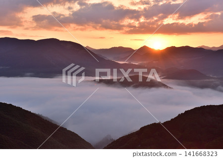 從潮見峠出發的中邊線(熊野古道)的雲海(霧) 從潮見峠出發的中邊線(熊野古道)的雲海(霧) 141668323