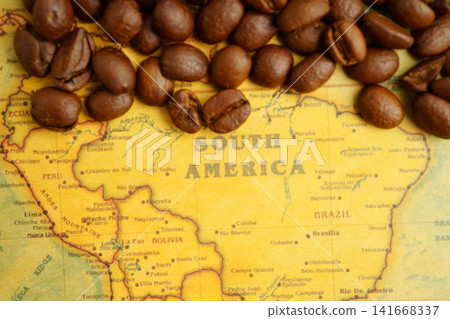 Bangkok, Thailand March 12, 2023 Coffee bean on world map, shopping online for export or import. Bangkok, Thailand March 12, 2023 Coffee bean on world map, shopping online for export or import. 141668337
