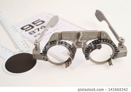 Ophthalmic trial frames to visual acuity eye test. Ophthalmic trial frames to visual acuity eye test. 141668342