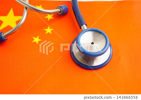 China flag with black stethoscope, Business and finance. China flag with black stethoscope, Business and finance. 141668358