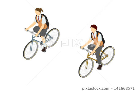 Isometric illustration: High school boy and girl riding bicycles (front view, summer clothes) Isometric illustration: High school boy and girl riding bicycles (front view, summer clothes) 141668571
