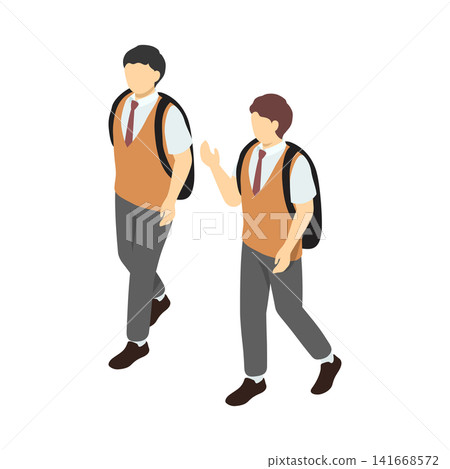 等距插圖:兩名高中男生(身著夏裝)行走 等距插圖:兩名高中男生(身著夏裝)行走 141668572