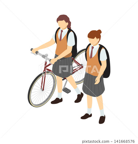 Isometric illustration: High school girl walking and high school girl pushing a bicycle (front, summer uniform) Isometric illustration: High school girl walking and high school girl pushing a bicycle (front, summer uniform) 141668576