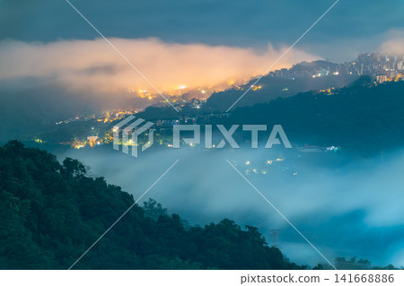 Night View of Misty Mountain Village in Xindian, Taiwan Night View of Misty Mountain Village in Xindian, Taiwan 141668886