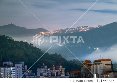 Night View of Misty Mountain Village in Xindian, Taiwan Night View of Misty Mountain Village in Xindian, Taiwan 141668887