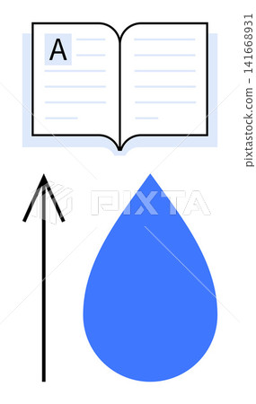Education, sustainability, growth, learning, progression, innovation. Open book, blue droplet and upward arrow with a clean minimalist design. Education and sustainability concept 141668931