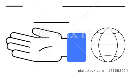 Global communication, connectivity, teamwork, international business, innovation, and world support. Outlined hand reaching toward globe icon. Global communication and teamwork concepts Global communication, connectivity, teamwork, international business, innovation, and world support. Outlined hand reaching toward globe icon. Global communication and teamwork concepts 141668934