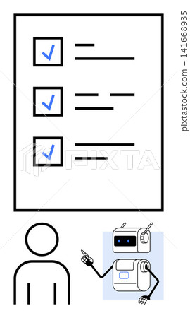 Task management, AI automation, productivity, technology collaboration, digital tools, workflow improvement. A checklist with a robot pointing beside a person. Task management and AI automation Task management, AI automation, productivity, technology collaboration, digital tools, workflow improvement. A checklist with a robot pointing beside a person. Task management and AI automation 141668935