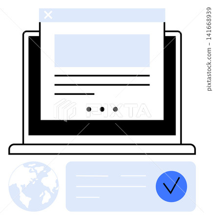 Online security, identity verification, authentication processes, document validation, global access, digital services. Laptop displaying a webpage, globe and approved checkmark. Online security 141668939