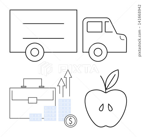 Business strategy, logistics, healthy lifestyle, profit, financial growth, market trends. Minimalistic outline of a truck, apple briefcase and rising profit icons. Business strategy and logistics Business strategy, logistics, healthy lifestyle, profit, financial growth, market trends. Minimalistic outline of a truck, apple briefcase and rising profit icons. Business strategy and logistics 141668942