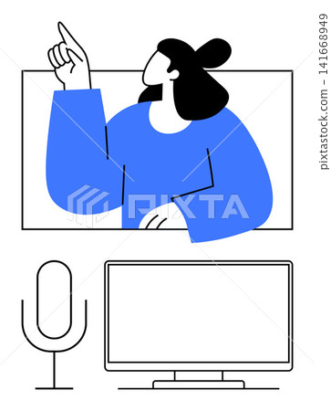 Video conferencing, webinars, online learning, digital communication, broadcasting, teamwork. Woman pointing upward on a screen with a microphone and monitor below. Virtual communication and webinars Video conferencing, webinars, online learning, digital communication, broadcasting, teamwork. Woman pointing upward on a screen with a microphone and monitor below. Virtual communication and webinars 141668949