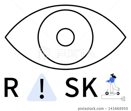 Risk awareness, safety, vigilance, hazard identification, personal responsibility, caution. Central eye graphic, warning triangle person on a scooter. Risk awareness and safety visual concept 141668950