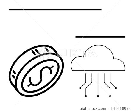 Cryptocurrency, cloud computing, fintech innovation, blockchain networks, financial technology, data storage. Coin with dollar sign and cloud with circuit lines. Cryptocurrency and cloud computing 141668954