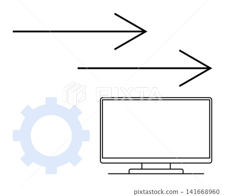 Automation, data transfer, digital workflow, technology processes, optimization, network infrastructure. Gear, arrows and computer setup as visual elements. Automation and data transfer concept Automation, data transfer, digital workflow, technology processes, optimization, network infrastructure. Gear, arrows and computer setup as visual elements. Automation and data transfer concept 141668960