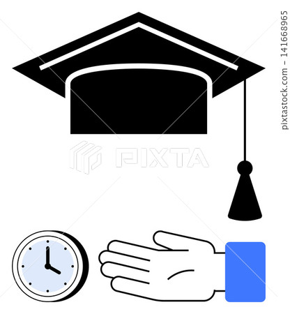 Education, time management, academic success, deadlines, opportunities, higher learning. A graduation cap with clock and hand. Education and time management concepts Education, time management, academic success, deadlines, opportunities, higher learning. A graduation cap with clock and hand. Education and time management concepts 141668965
