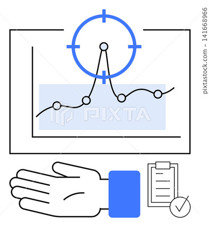 Data analysis, business strategy, financial performance, planning, goal setting, productivity tools. A graph with a target focus, hand and clipboard. Data analysis and business strategy concept Data analysis, business strategy, financial performance, planning, goal setting, productivity tools. A graph with a target focus, hand and clipboard. Data analysis and business strategy concept 141668966