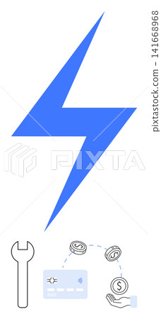 Finance, technology, energy solutions, e-commerce, fintech tools, transaction concepts. Blue lightning bolt with dollar sign, payment card wrench. Finance and technology concept Finance, technology, energy solutions, e-commerce, fintech tools, transaction concepts. Blue lightning bolt with dollar sign, payment card wrench. Finance and technology concept 141668968