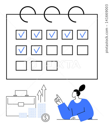 Productivity, business planning, time management, financial growth tracking, deadlines, schedules. A calendar with checkmarks, growth chart woman pointing. Productivity and business planning 141669003