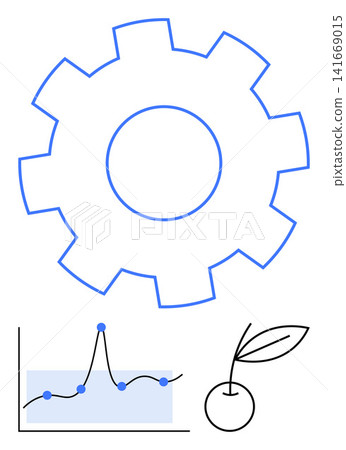 Data trends, agriculture, productivity, growth, innovation, market research. Gear icon, line graph with data points and cherry with leaf in minimal style. Data trends and agriculture concepts Data trends, agriculture, productivity, growth, innovation, market research. Gear icon, line graph with data points and cherry with leaf in minimal style. Data trends and agriculture concepts 141669015