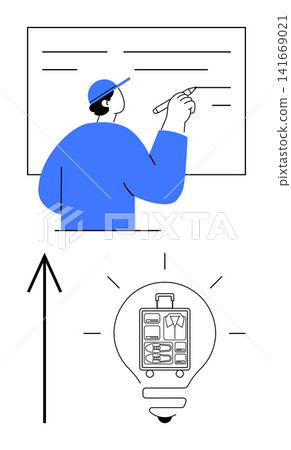 Startup planning, innovation, creativity, travel preparation, productivity, brainstorming. Person writing on a board and a light bulb with luggage inside. Innovation and creativity concept 141669021