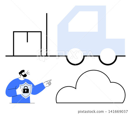 Cybersecurity, logistics, cloud storage, data safety, freight transportation, data management. A truck, a cloud and a person holding a secure data shield. Cybersecurity and logistics concept Cybersecurity, logistics, cloud storage, data safety, freight transportation, data management. A truck, a cloud and a person holding a secure data shield. Cybersecurity and logistics concept 141669037
