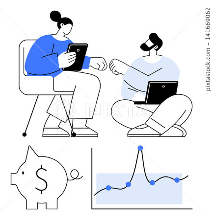 Team collaboration, financial planning, investment strategy, data analysis, teamwork, business solutions. Two figures interacting with devices, financial chart and piggy bank icon. Financial planning Team collaboration, financial planning, investment strategy, data analysis, teamwork, business solutions. Two figures interacting with devices, financial chart and piggy bank icon. Financial planning 141669062
