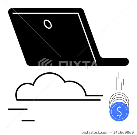 Cloud services, digital payments, financial technology, online transactions, e-commerce, data transfer. Black laptop with a cloud and coins with a dollar sign. Cloud services and digital payments Cloud services, digital payments, financial technology, online transactions, e-commerce, data transfer. Black laptop with a cloud and coins with a dollar sign. Cloud services and digital payments 141669069