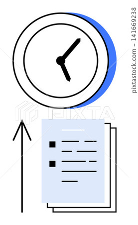 Time tracking, productivity, project management, workflow optimization, goal setting, scheduling. A clock above a stack of documents and an upward arrow. Time tracking and productivity concept 141669238