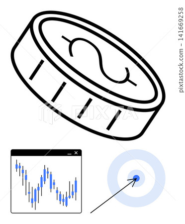 Financial planning, business strategy, investment analysis, goal achievement, market trends, wealth management. Coin with dollar sign, market chart and target with arrow. Financial planning Financial planning, business strategy, investment analysis, goal achievement, market trends, wealth management. Coin with dollar sign, market chart and target with arrow. Financial planning 141669258