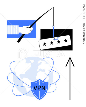 Cybersecurity, internet safety, VPN services, phishing prevention, data protection, online fraud. Visual elements include a phishing hook, VPN shield and upward arrow. Cybersecurity and VPN services Cybersecurity, internet safety, VPN services, phishing prevention, data protection, online fraud. Visual elements include a phishing hook, VPN shield and upward arrow. Cybersecurity and VPN services 141669261
