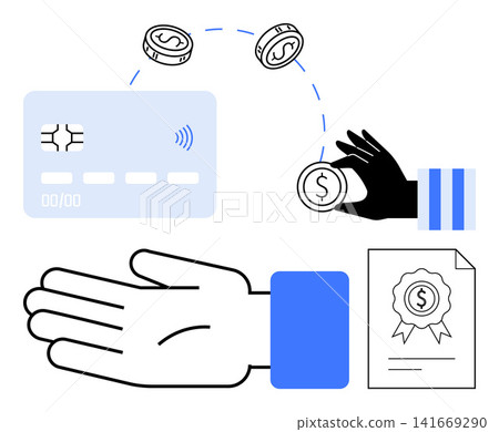 Digital transactions, financial technology, e-commerce, remote payments, cashless economy, online banking. ion of credit card, coins hands and certificate. Digital transactions and financial Digital transactions, financial technology, e-commerce, remote payments, cashless economy, online banking. ion of credit card, coins hands and certificate. Digital transactions and financial 141669290
