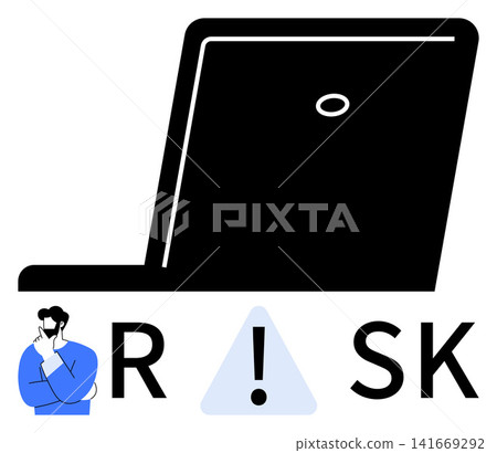 Cybersecurity, risk management, digital threats, online safety, data protection, critical thinking. A laptop with an exclamation mark and a thinking individual. Cybersecurity and risk management Cybersecurity, risk management, digital threats, online safety, data protection, critical thinking. A laptop with an exclamation mark and a thinking individual. Cybersecurity and risk management 141669292