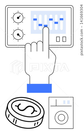Finance, budgeting, management, user interfaces, settings, control. A hand adjusting sliders on a control panel with a coin and gear. Finance and budgeting concept Finance, budgeting, management, user interfaces, settings, control. A hand adjusting sliders on a control panel with a coin and gear. Finance and budgeting concept 141669304