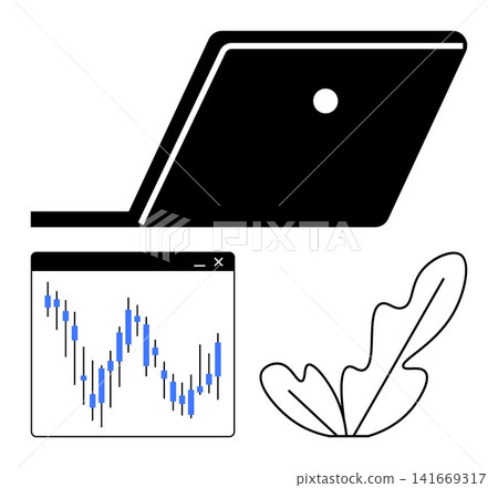 Finance, stock trading, investment strategies, data analysis, digital illustration, business. A laptop, stock market chart and abstract leaf icon. Finance and stock trading concept 141669317