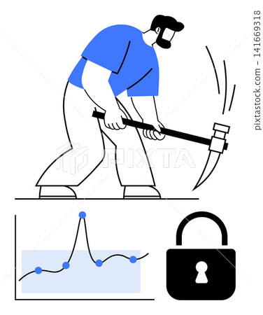 Data security, analytics, mining, cybersecurity, encryption, digital economy. Man using pickaxe, graph with data points padlock icon. Data security and analytics concept 141669318
