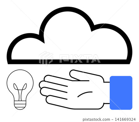 Cloud computing, innovation, creativity, data sharing, technology services, online storage. Minimalistic design with a cloud, open hand and lightbulb. Cloud computing and innovation concept 141669324