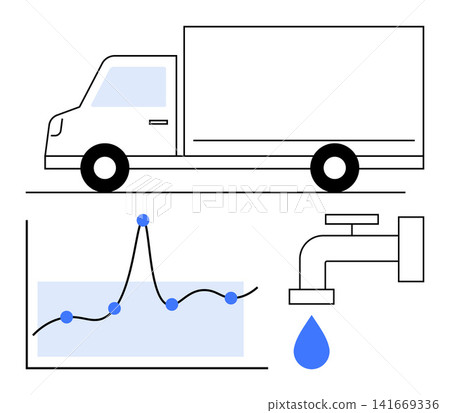 Transportation, analytics, data tracking, resource management, water conservation, sustainability. Graphic a truck, data chart and faucet with droplet. Logistics and analytics theme 141669336