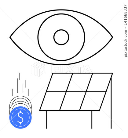 Renewable energy, sustainability, finance, clean technology, environmental awareness, green energy. Eye watching a solar panel and coins savings. Renewable energy and sustainability concept Renewable energy, sustainability, finance, clean technology, environmental awareness, green energy. Eye watching a solar panel and coins savings. Renewable energy and sustainability concept 141669337