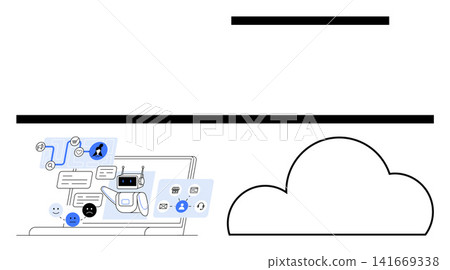 Cloud computing, data analysis, digital communication, artificial intelligence, networking, remote work. Illustration of a laptop interface displaying technology icons. Cloud computing and data Cloud computing, data analysis, digital communication, artificial intelligence, networking, remote work. Illustration of a laptop interface displaying technology icons. Cloud computing and data 141669338