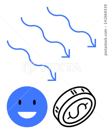 Wealth accumulation, positive mindset, financial growth, economic success, budgeting, rewards system. happy face, dollar coin arrows pointing downward. Financial growth and economic success Wealth accumulation, positive mindset, financial growth, economic success, budgeting, rewards system. happy face, dollar coin arrows pointing downward. Financial growth and economic success 141669339