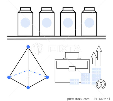 Supply chain, product delivery, business growth, finance, data analysis, investment trends. Bottles on a shelf, geometric chart briefcase and financial graph with coin. Supply chain and finance 141669361