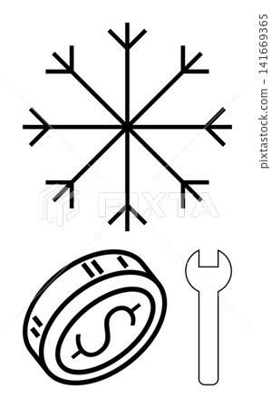 Winter services, financial planning, repair solutions, seasons, investments, tools. Snowflake, dollar coin wrench. Winter services and financial planning Winter services, financial planning, repair solutions, seasons, investments, tools. Snowflake, dollar coin wrench. Winter services and financial planning 141669365