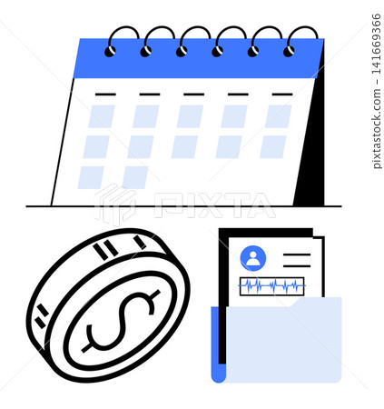 Financial planning, budgeting, accounting, record management, organization, contract review. Calendar, coin and document folder. Financial planning and budgeting concept for organization Financial planning, budgeting, accounting, record management, organization, contract review. Calendar, coin and document folder. Financial planning and budgeting concept for organization 141669366