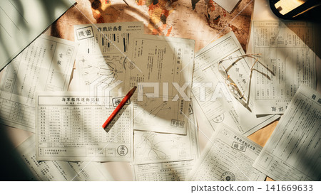 Desk covered with vintage japanese research papers Desk covered with vintage japanese research papers 141669633