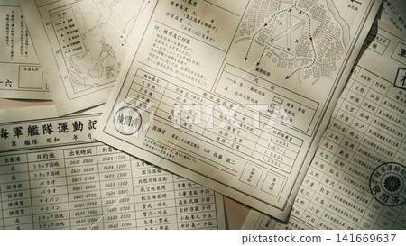 Flat lay of vintage military records Flat lay of vintage military records 141669637