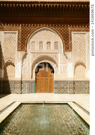 Traditional Moroccan Courtyard With Reflecting Pool Traditional Moroccan Courtyard With Reflecting Pool 141669678