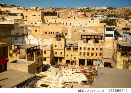 Wide view of dense historic Moroccan tanneries Wide view of dense historic Moroccan tanneries 141669741